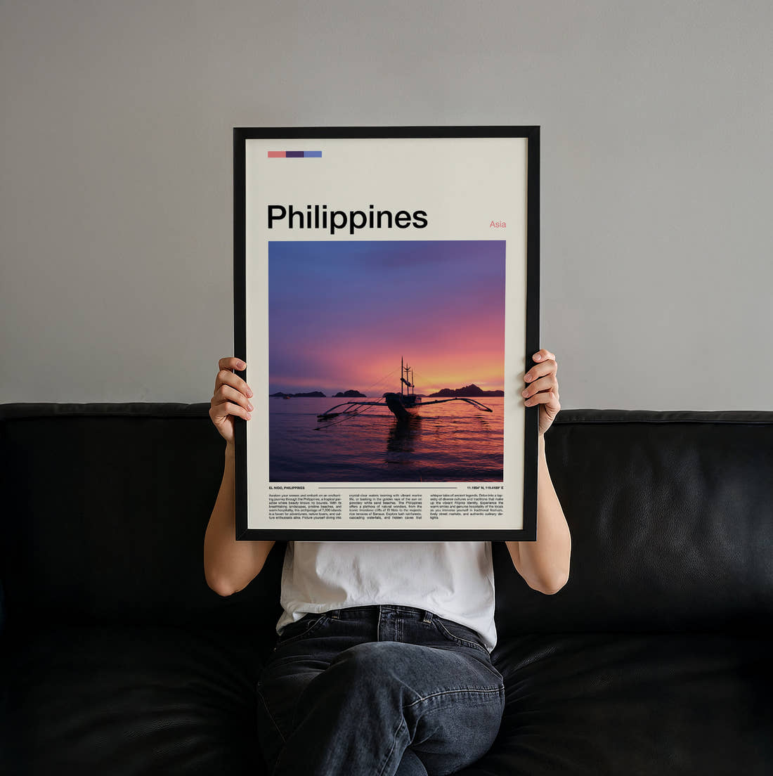 Philippines Outrigger Boat At Sunset Travel Print held up by hand to show the size of the print