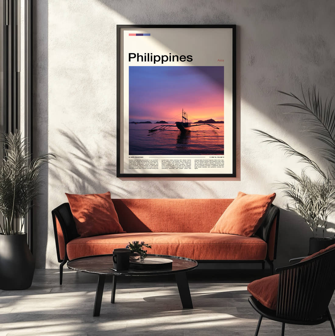 Philippines Outrigger Boat At Sunset Travel Print framed on the wall of a modern living room
