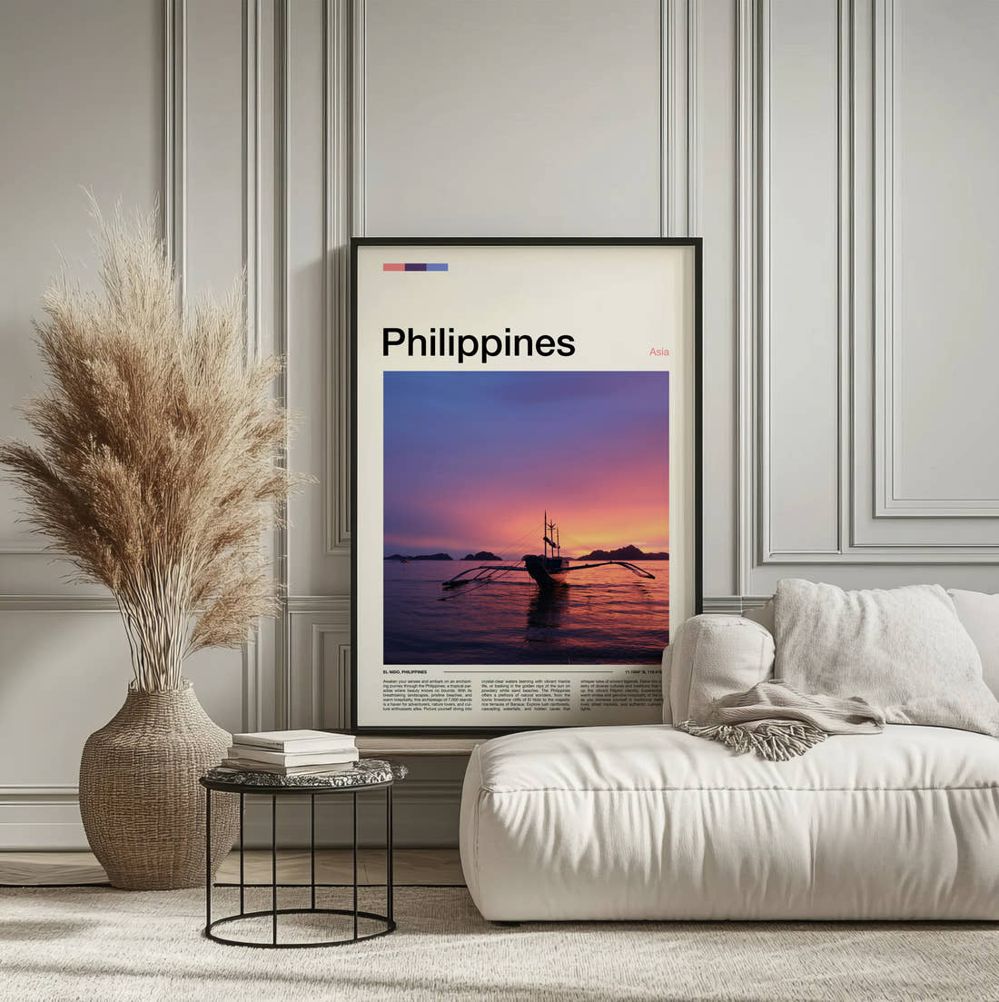 Philippines Outrigger Boat At Sunset Travel Print framed on the wall of a calm, neutral bedroom