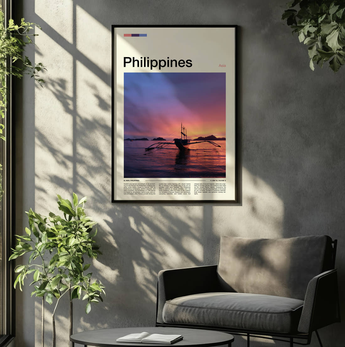 Philippines Outrigger Boat At Sunset Travel Print framed on the wall of a relaxed living room