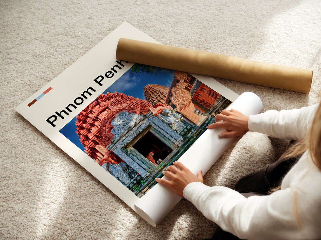 Phnom Penh Colourful Temple Travel Print being unrolled from its postal tube