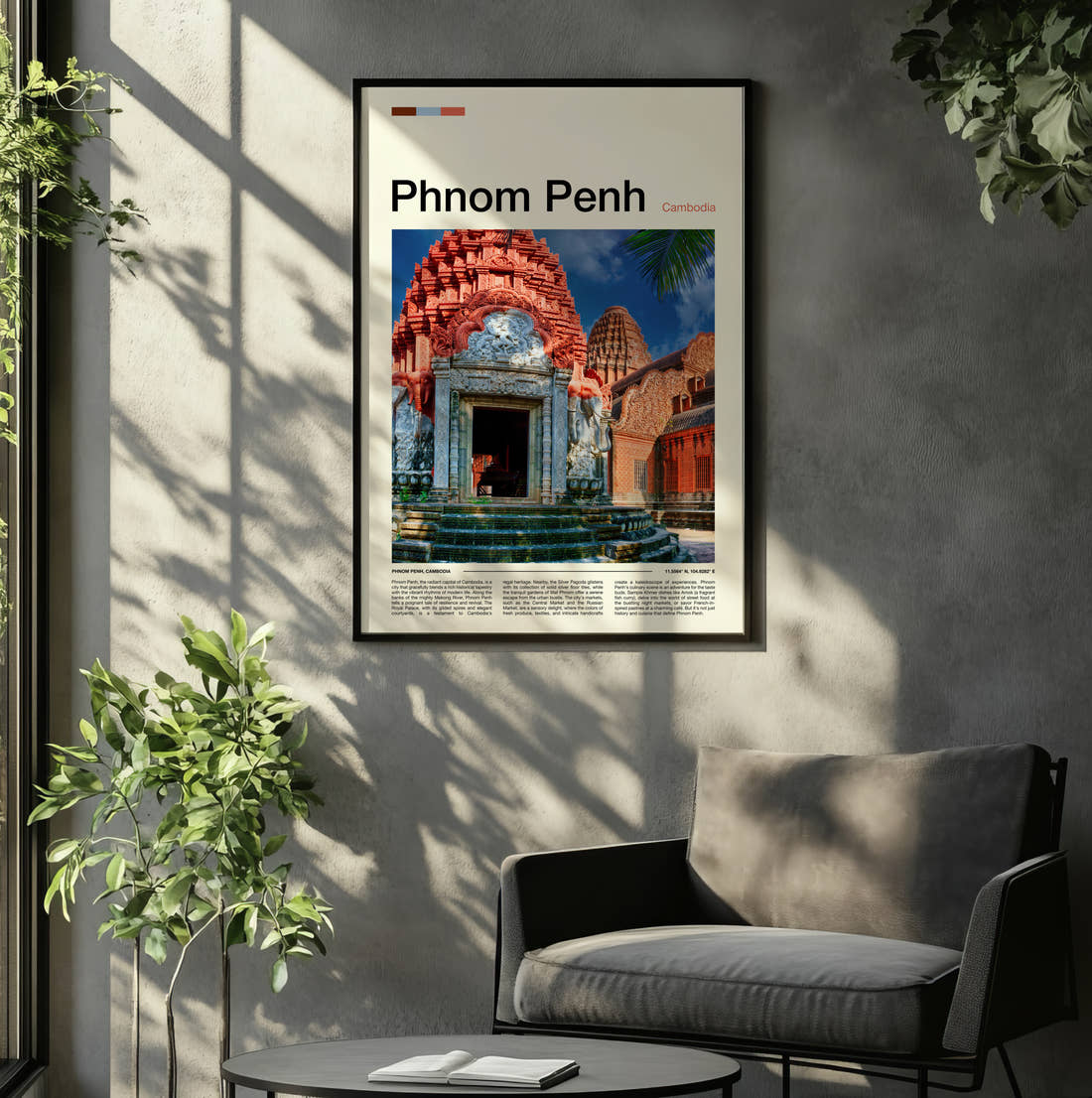 Phnom Penh Colourful Temple Travel Print framed on the wall of a relaxed living room