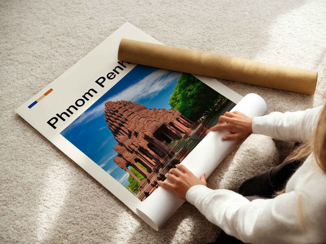 Phnom Penh Stone Temple Travel Print being unrolled from its postal tube