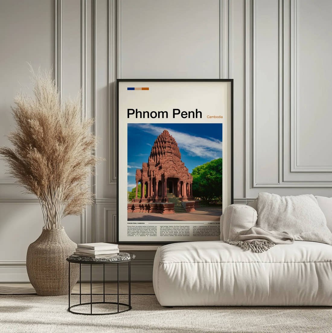 Phnom Penh Stone Temple Travel Print framed on the wall of a calm, neutral bedroom