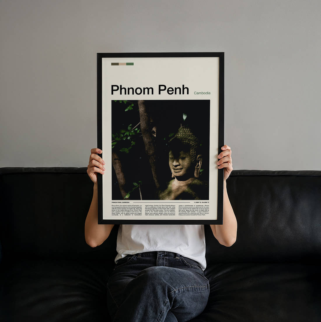 Phnom Penh Buddha Statue Travel Print held up by hand to show the size of the print
