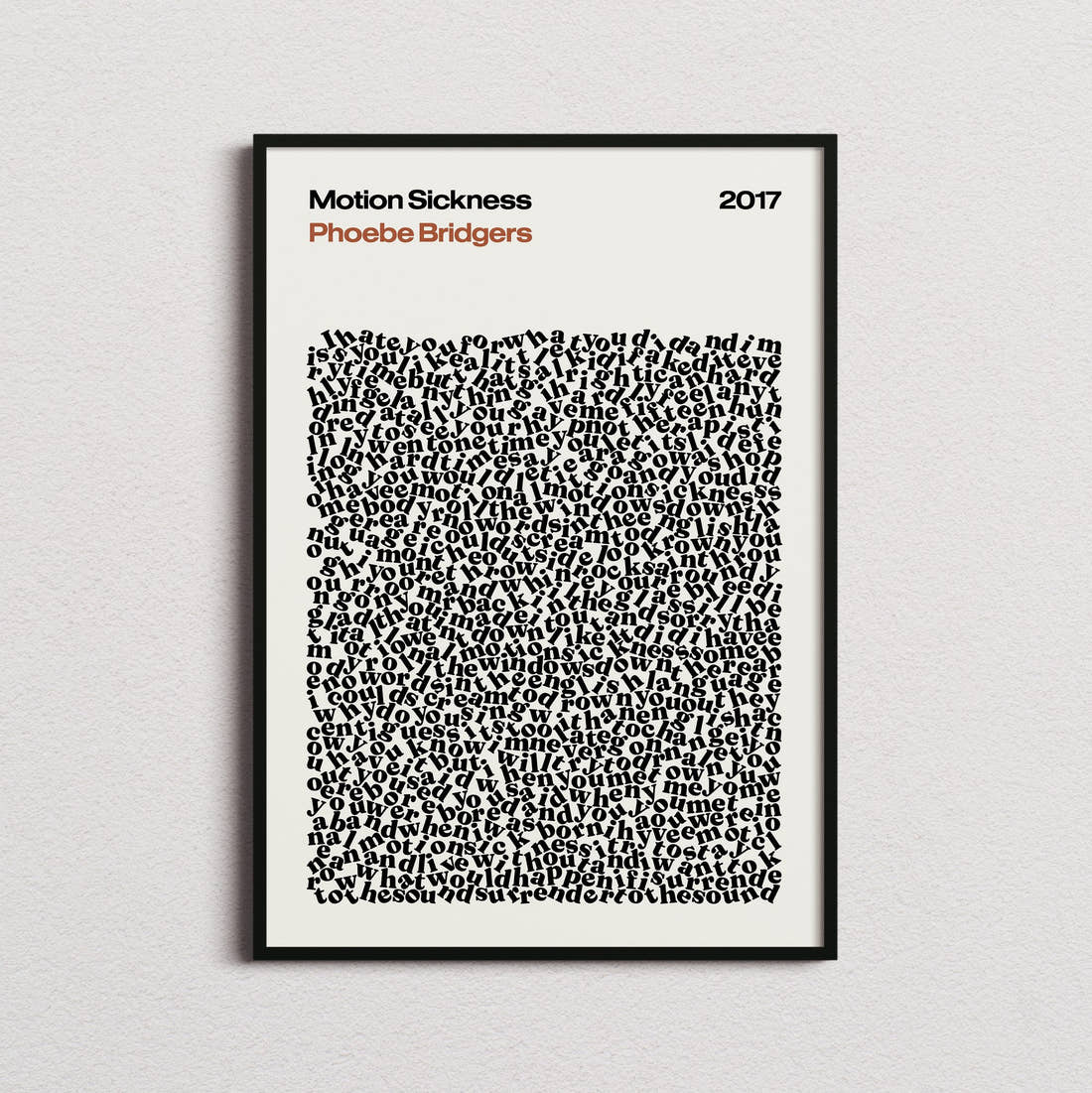 Phoebe Bridgers Motion Sickness Lyric Print in the cream colourway, framed
