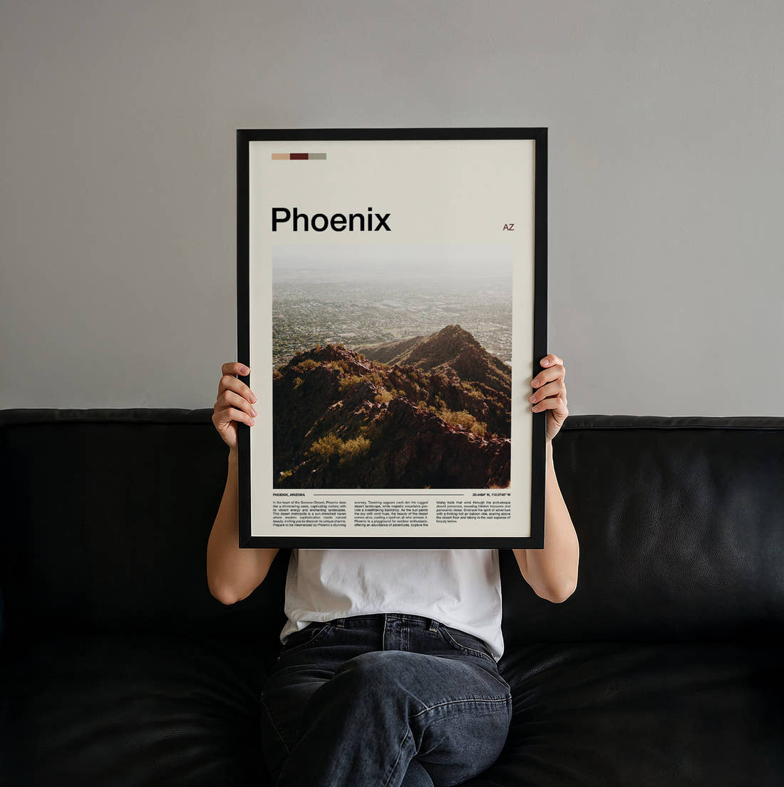 Phoenix Mountain Ridge Over City Travel Print held up by hand to show the size of the print