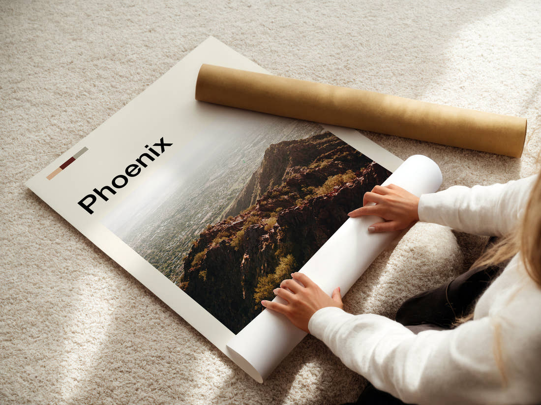 Phoenix Mountain Ridge Over City Travel Print being unrolled from its postal tube