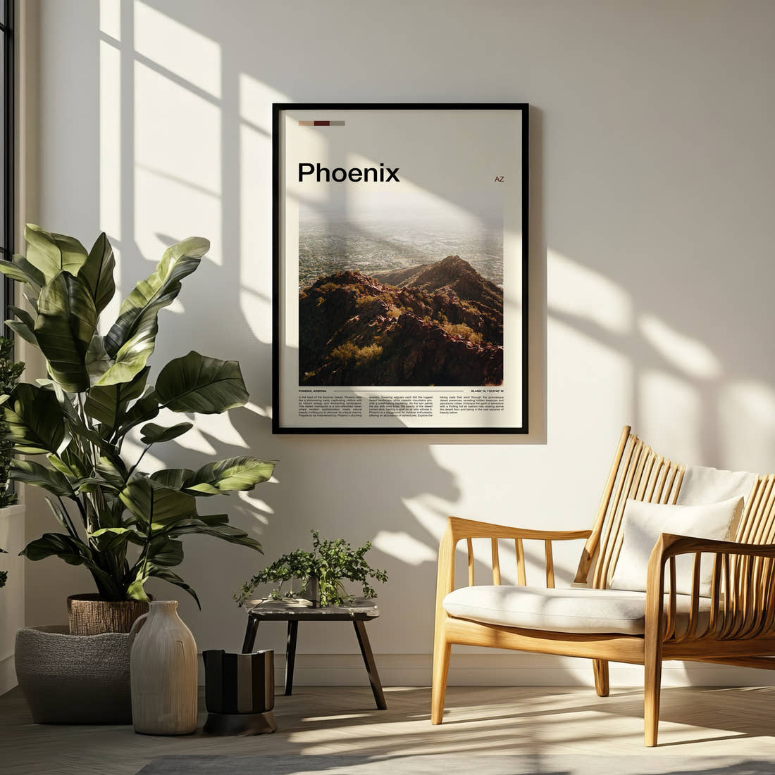 Phoenix Mountain Ridge Over City Travel Print framed on a pale wall beside houseplants