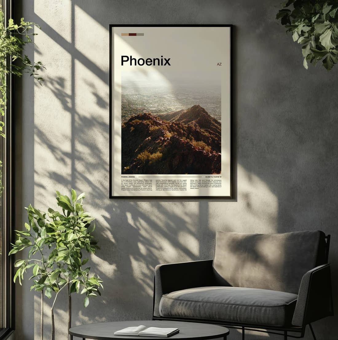 Phoenix Mountain Ridge Over City Travel Print framed on the wall of a relaxed living room