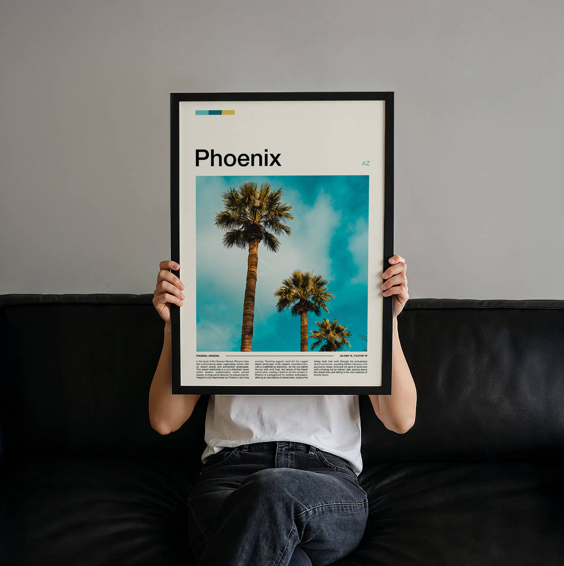 Phoenix Palm Trees Travel Print held up by hand to show the size of the print