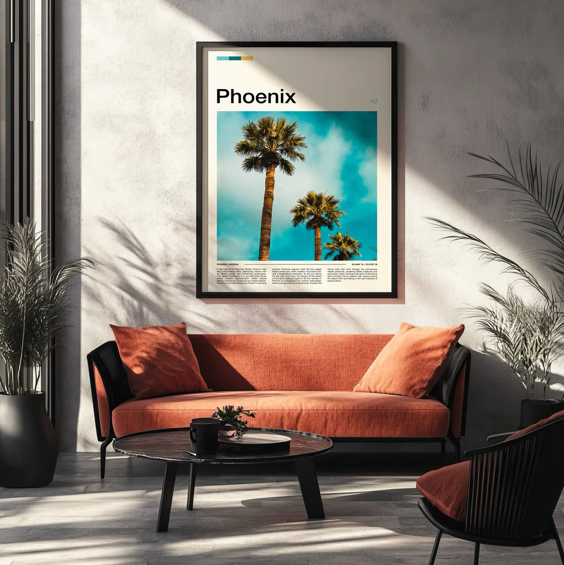 Phoenix Palm Trees Travel Print framed on the wall of a modern living room