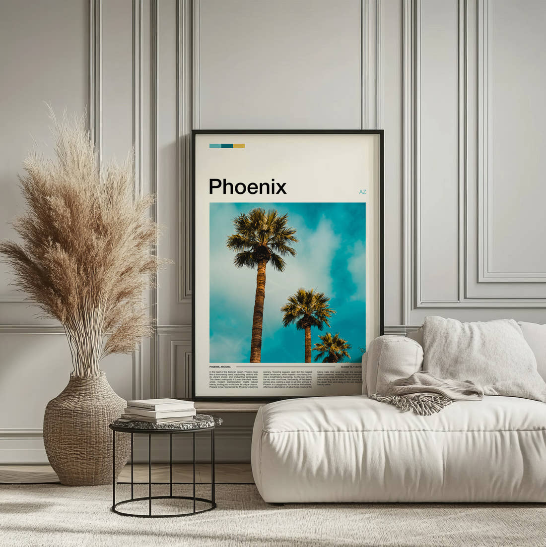 Phoenix Palm Trees Travel Print framed on the wall of a calm, neutral bedroom