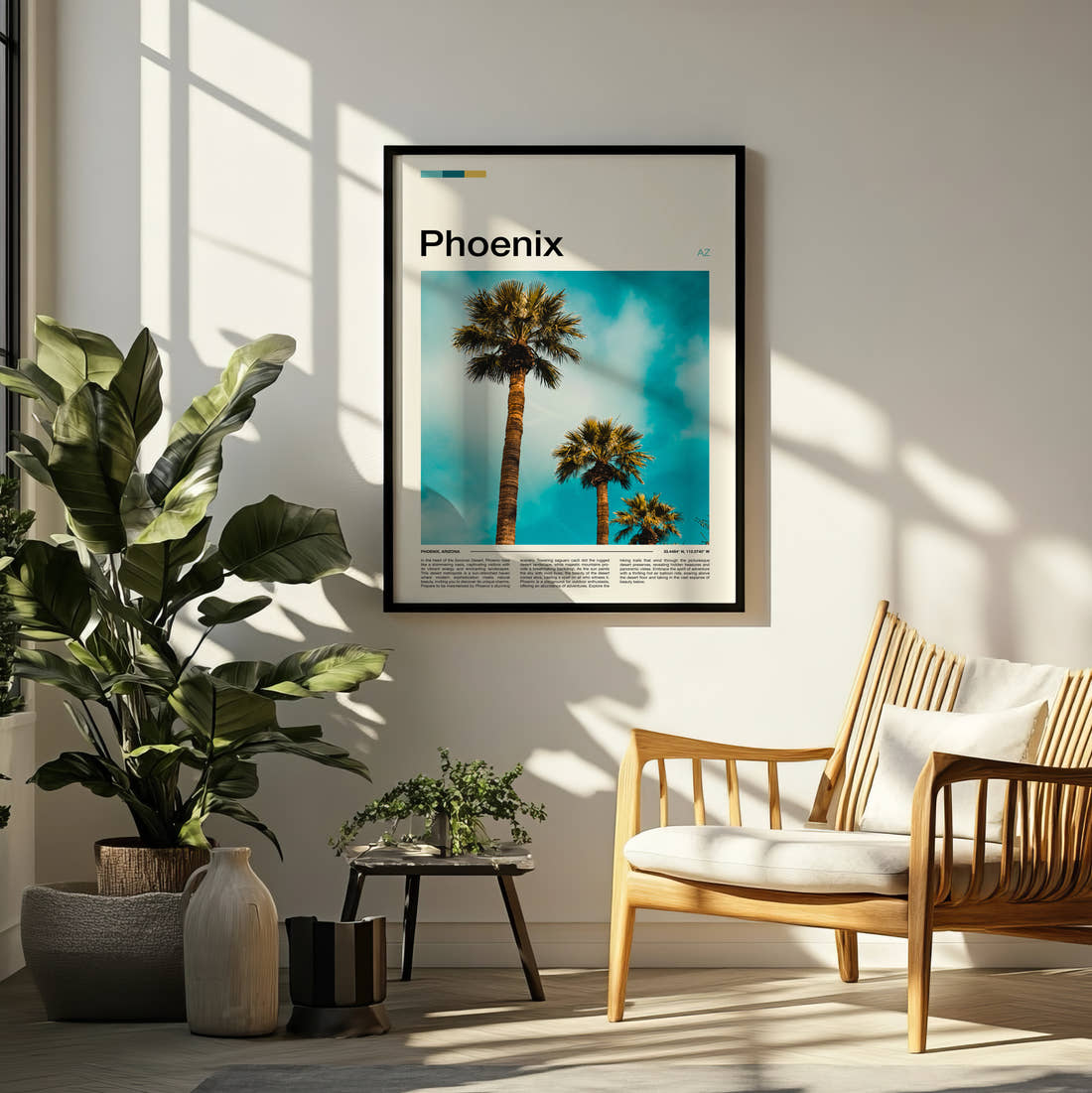 Phoenix Palm Trees Travel Print framed on a pale wall beside houseplants