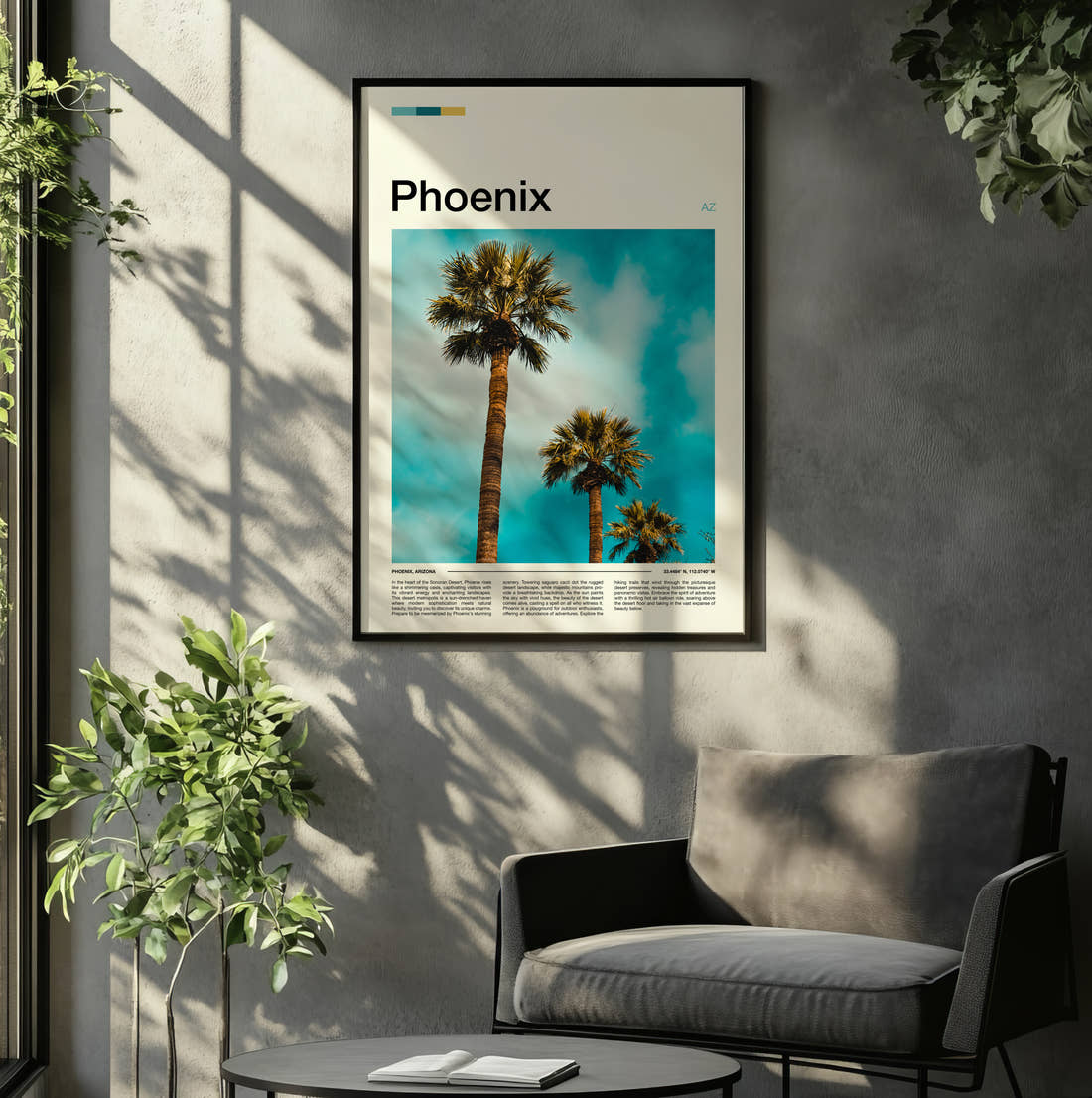 Phoenix Palm Trees Travel Print framed on the wall of a relaxed living room