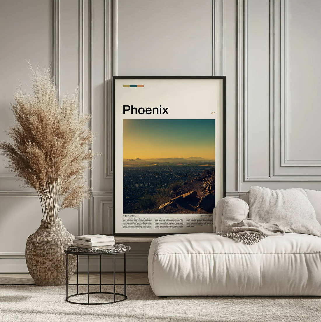 Phoenix Desert Valley At Sunrise Travel Print framed on the wall of a calm, neutral bedroom