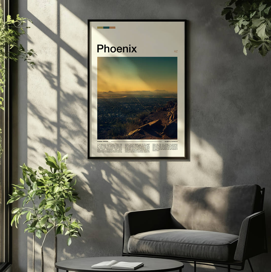 Phoenix Desert Valley At Sunrise Travel Print framed on the wall of a relaxed living room