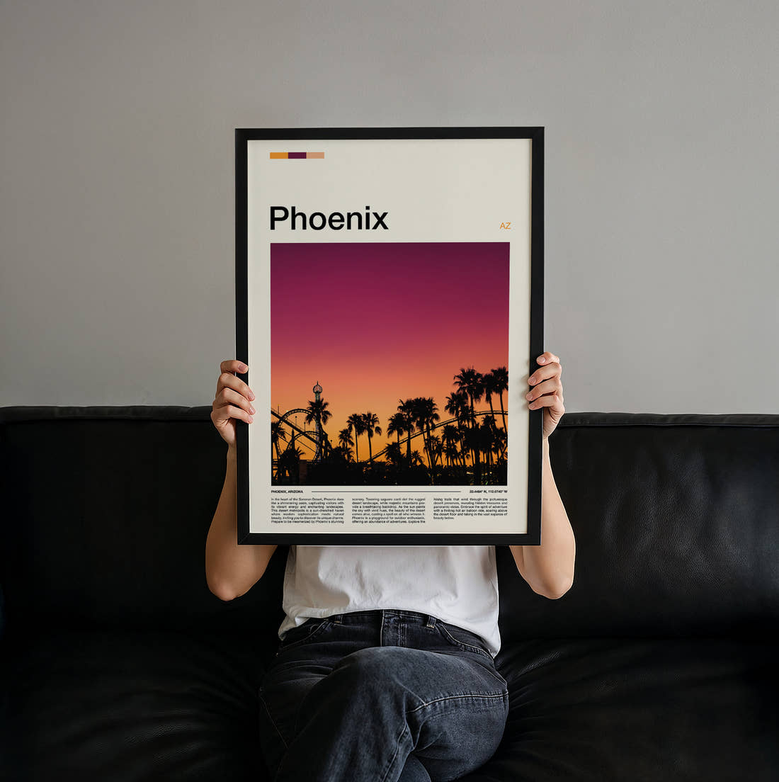Phoenix Palm Trees At Sunset Travel Print held up by hand to show the size of the print