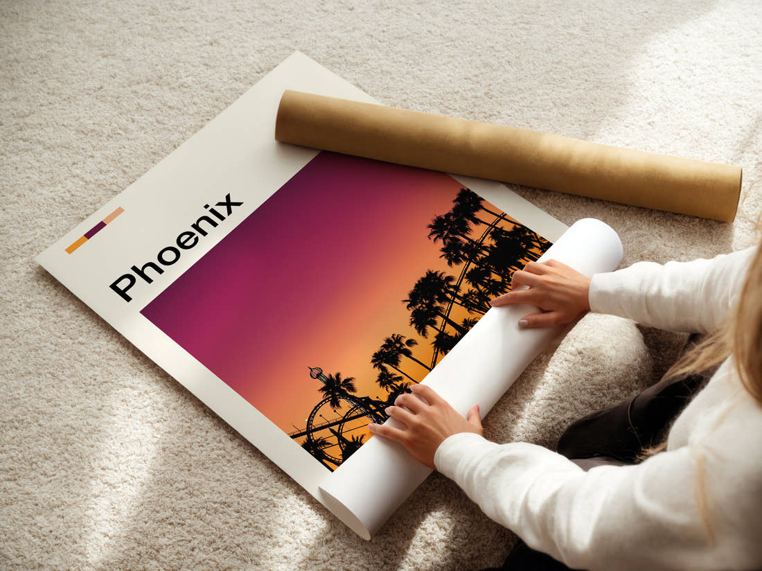 Phoenix Palm Trees At Sunset Travel Print being unrolled from its postal tube