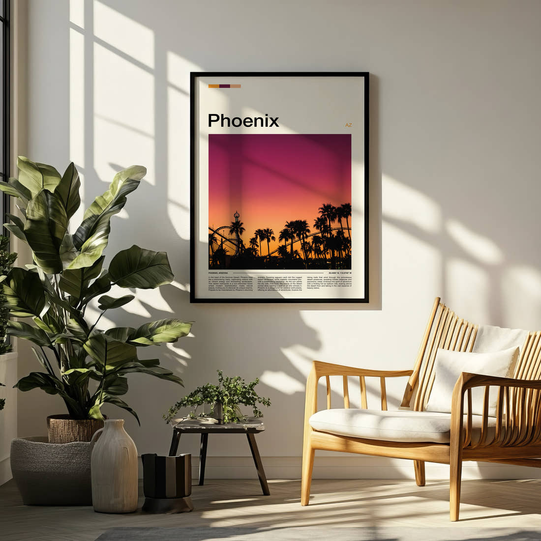 Phoenix Palm Trees At Sunset Travel Print framed on a pale wall beside houseplants