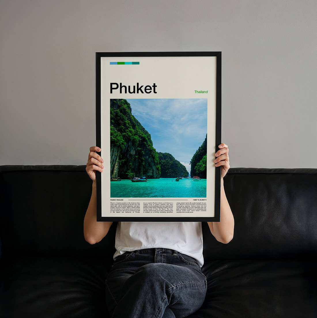 Phuket Limestone Cliffs And Bay Travel Print held up by hand to show the size of the print