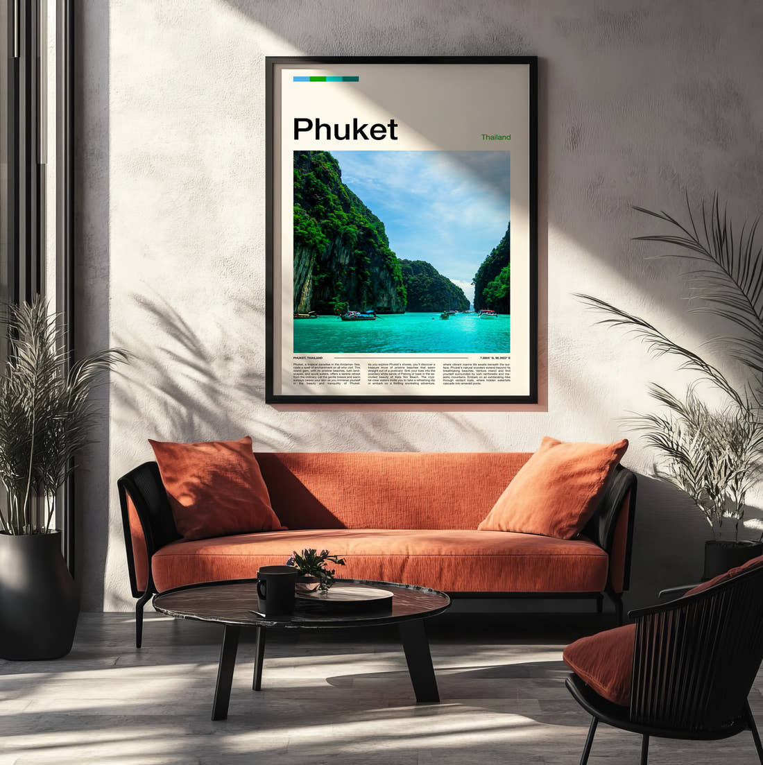 Phuket Limestone Cliffs And Bay Travel Print framed on the wall of a modern living room