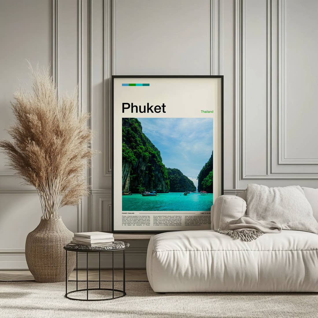 Phuket Limestone Cliffs And Bay Travel Print framed on the wall of a calm, neutral bedroom