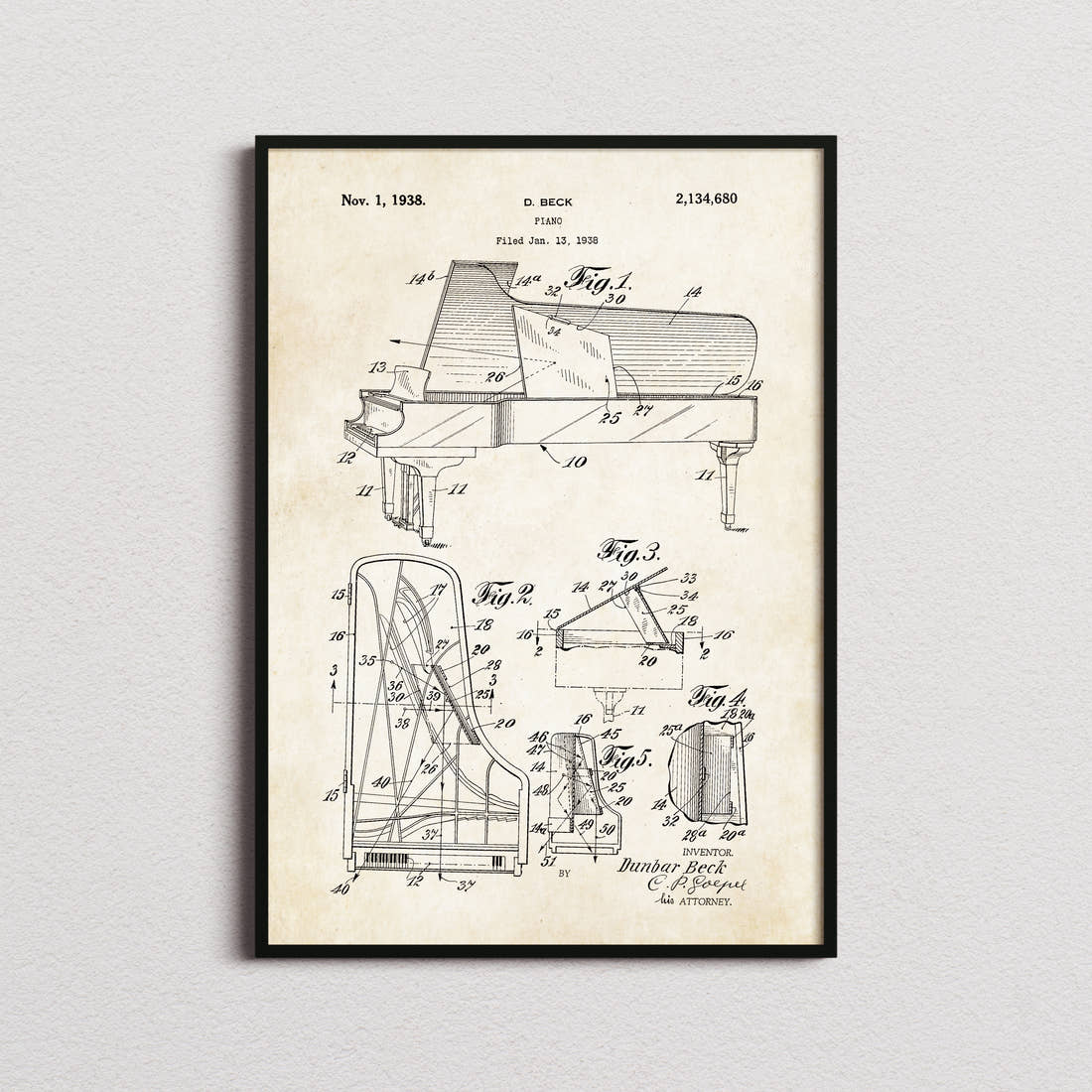 Piano 1938 Patent Print in the aged paper colourway, framed