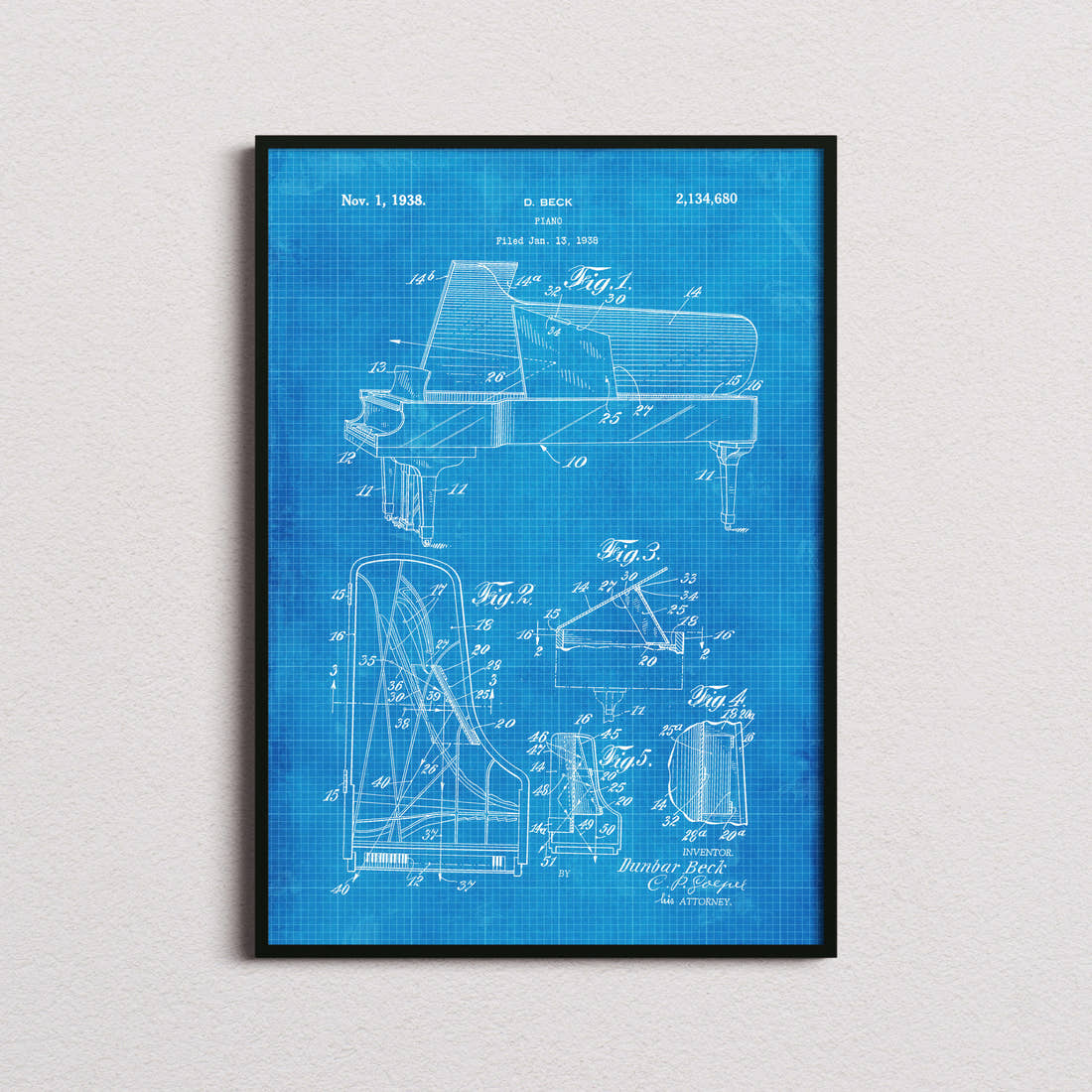 Piano 1938 Patent Print in the blueprint colourway, framed