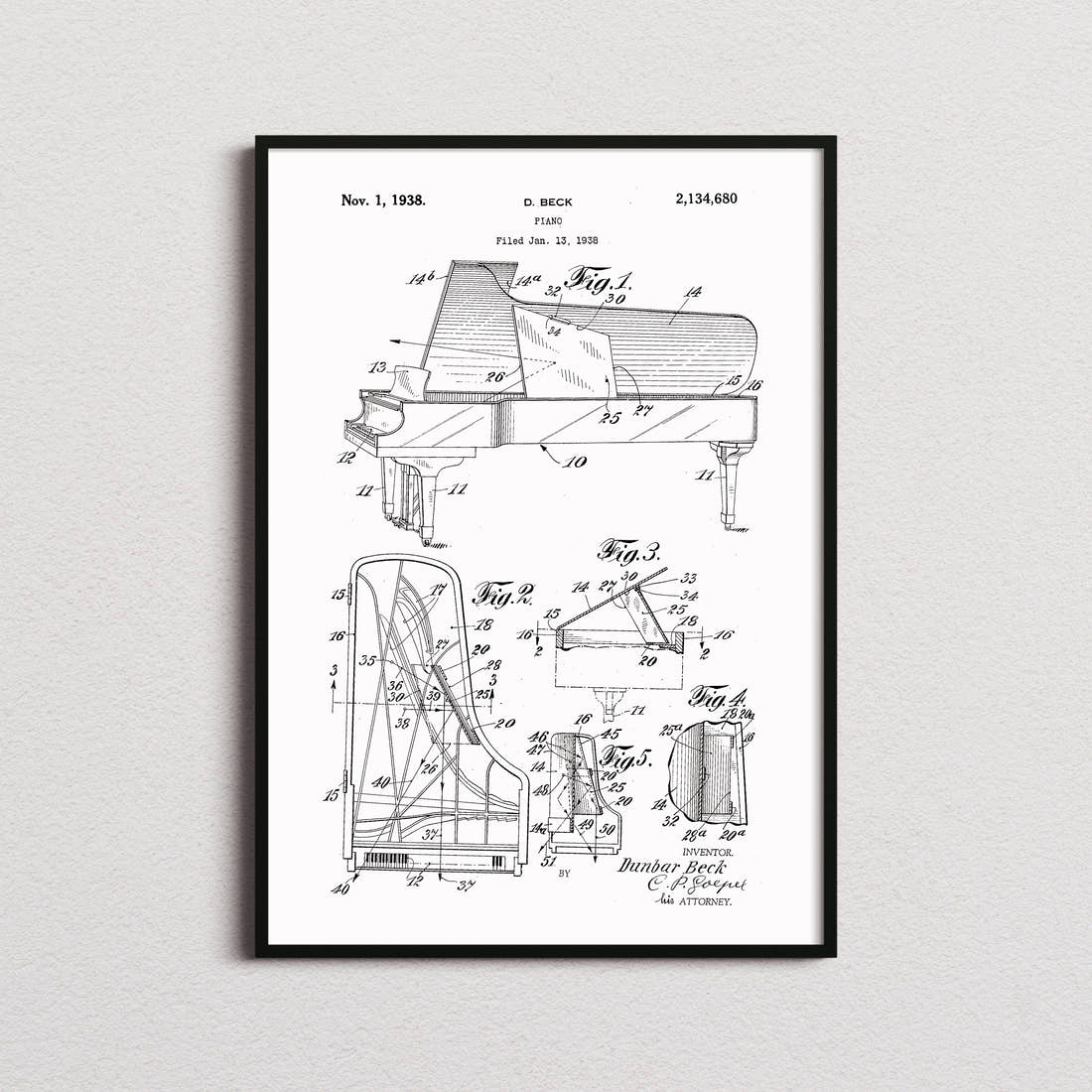 Piano 1938 Patent Print in the white colourway, framed