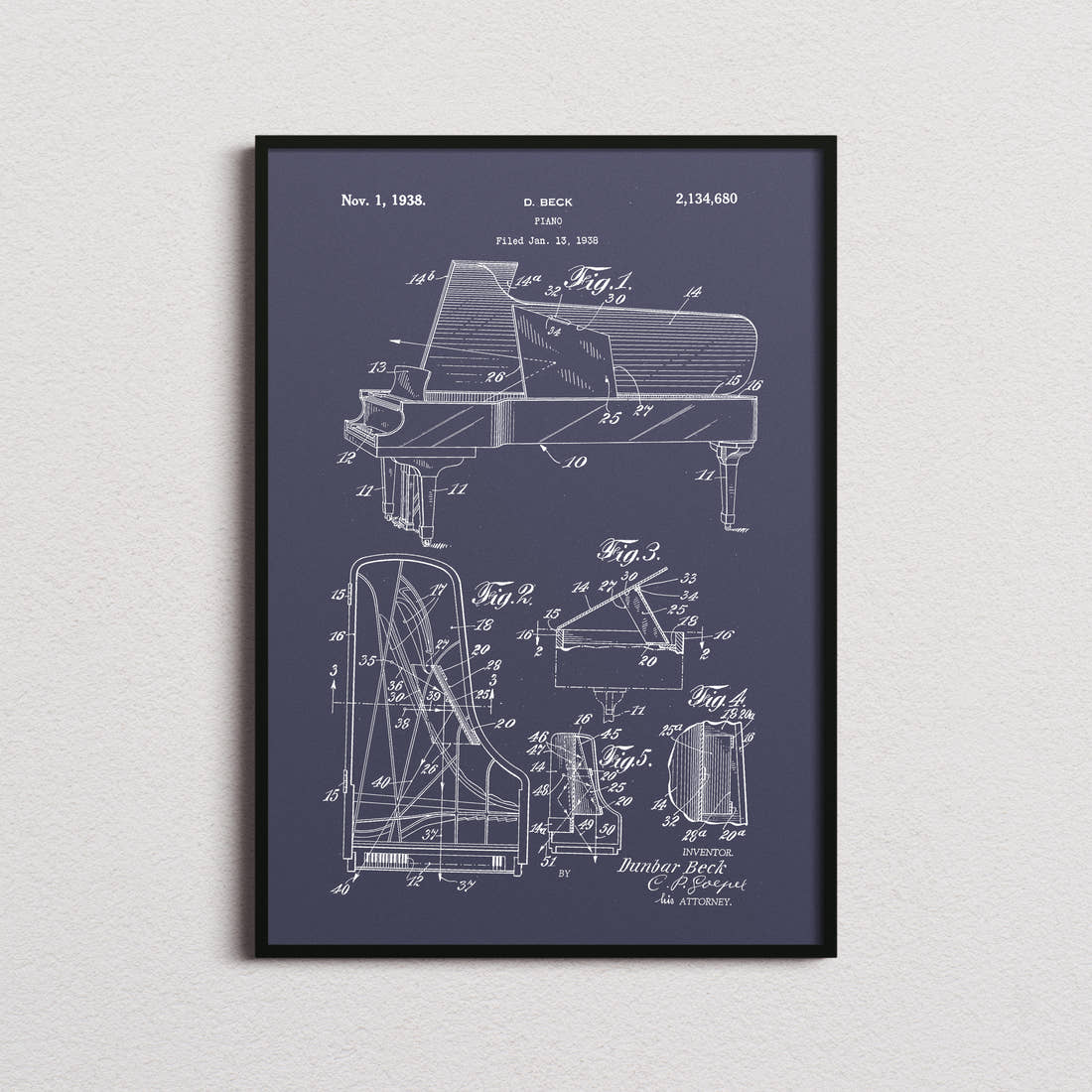 Piano 1938 Patent Print in the navy colourway, framed
