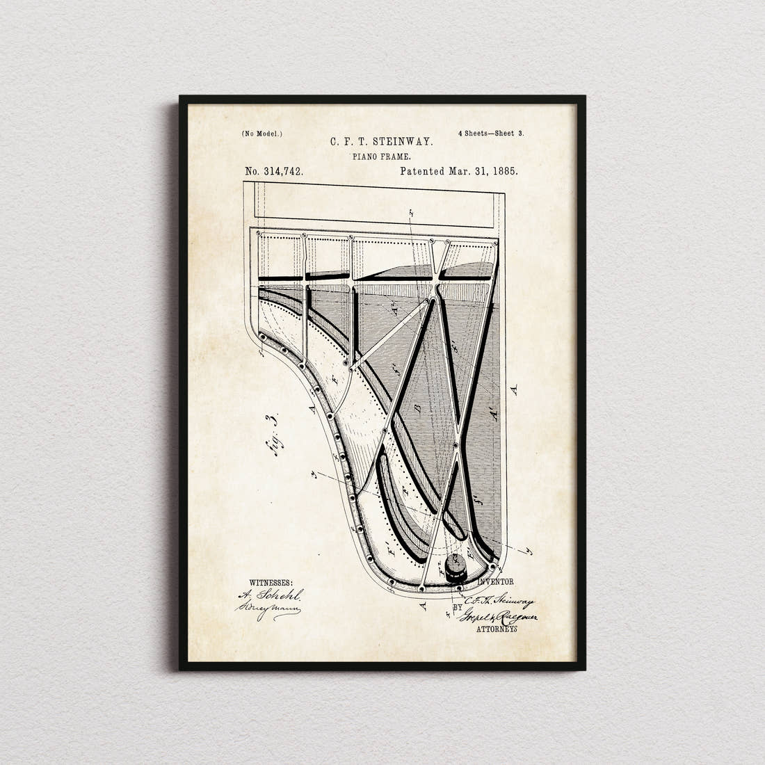 Piano Steinway Patent Print in the aged paper colourway, framed