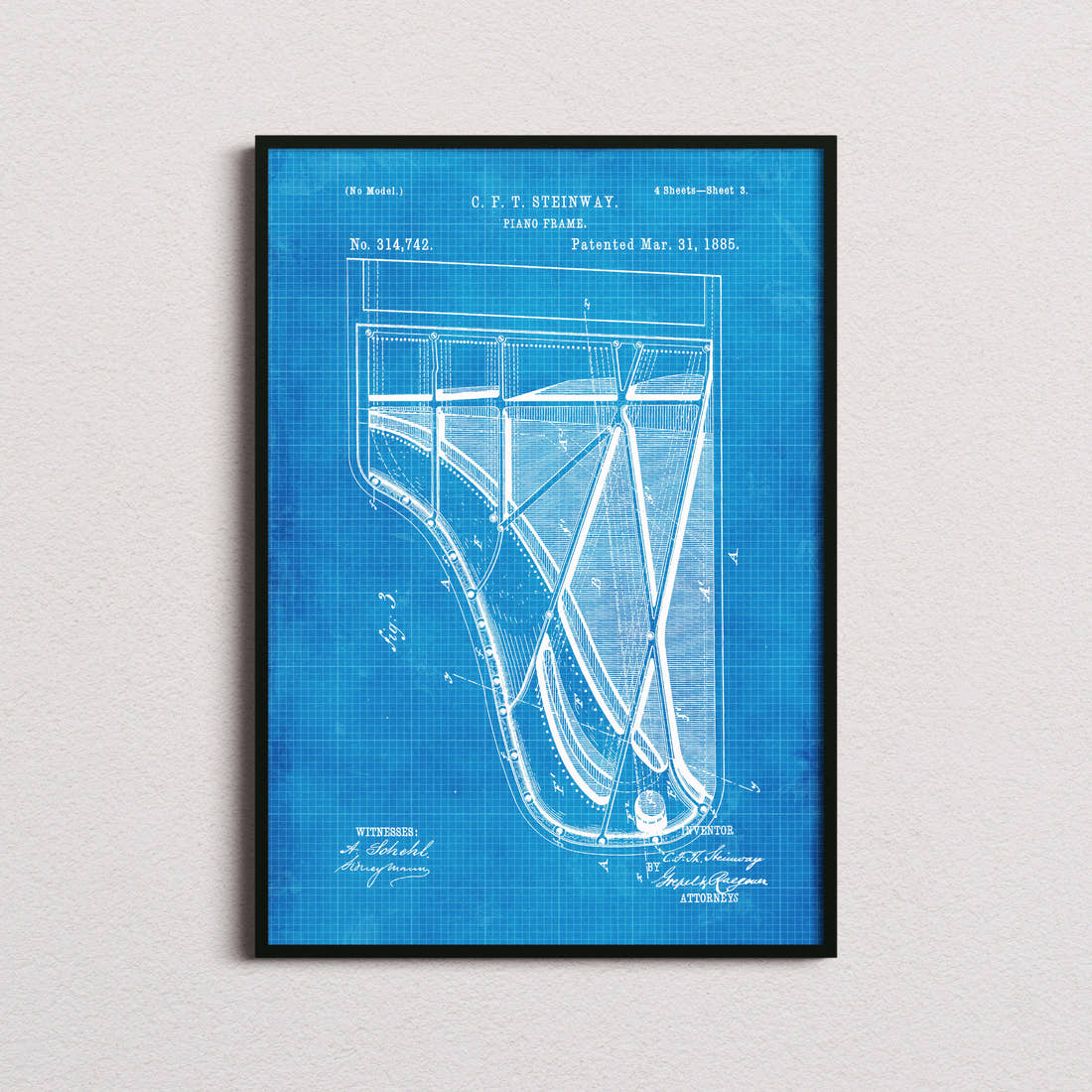 Piano Steinway Patent Print in the blueprint colourway, framed