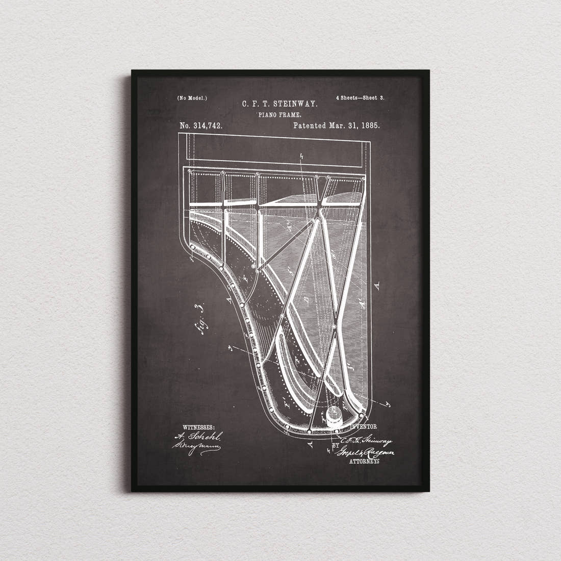 Piano Steinway Patent Print in the blackboard colourway, framed