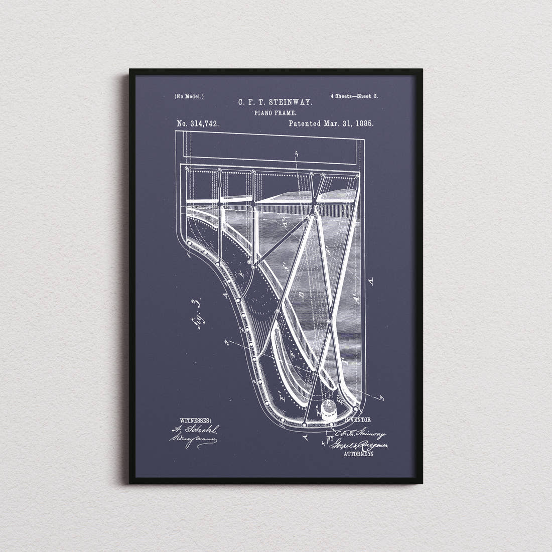 Piano Steinway Patent Print in the navy colourway, framed