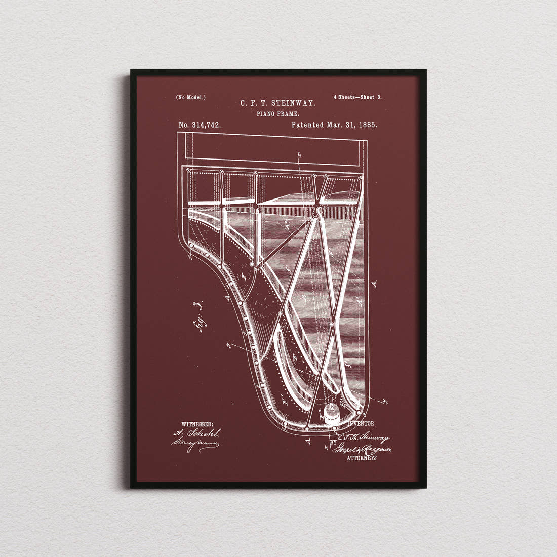 Piano Steinway Patent Print in the burgundy colourway, framed