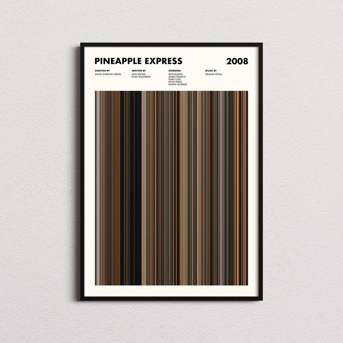 Pineapple Express Movie Barcode Poster framed on a plain studio wall