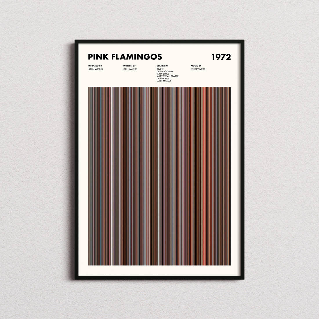 Pink Flamingos Movie Barcode Poster framed on a plain studio wall