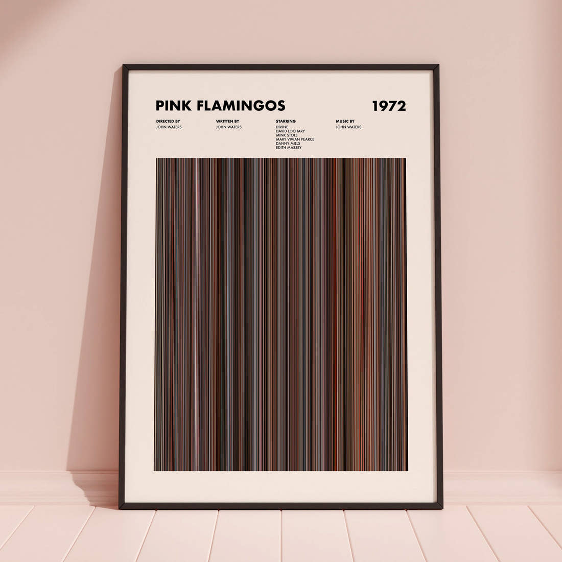 Pink Flamingos Movie Barcode Poster framed and leaning against a coloured wall