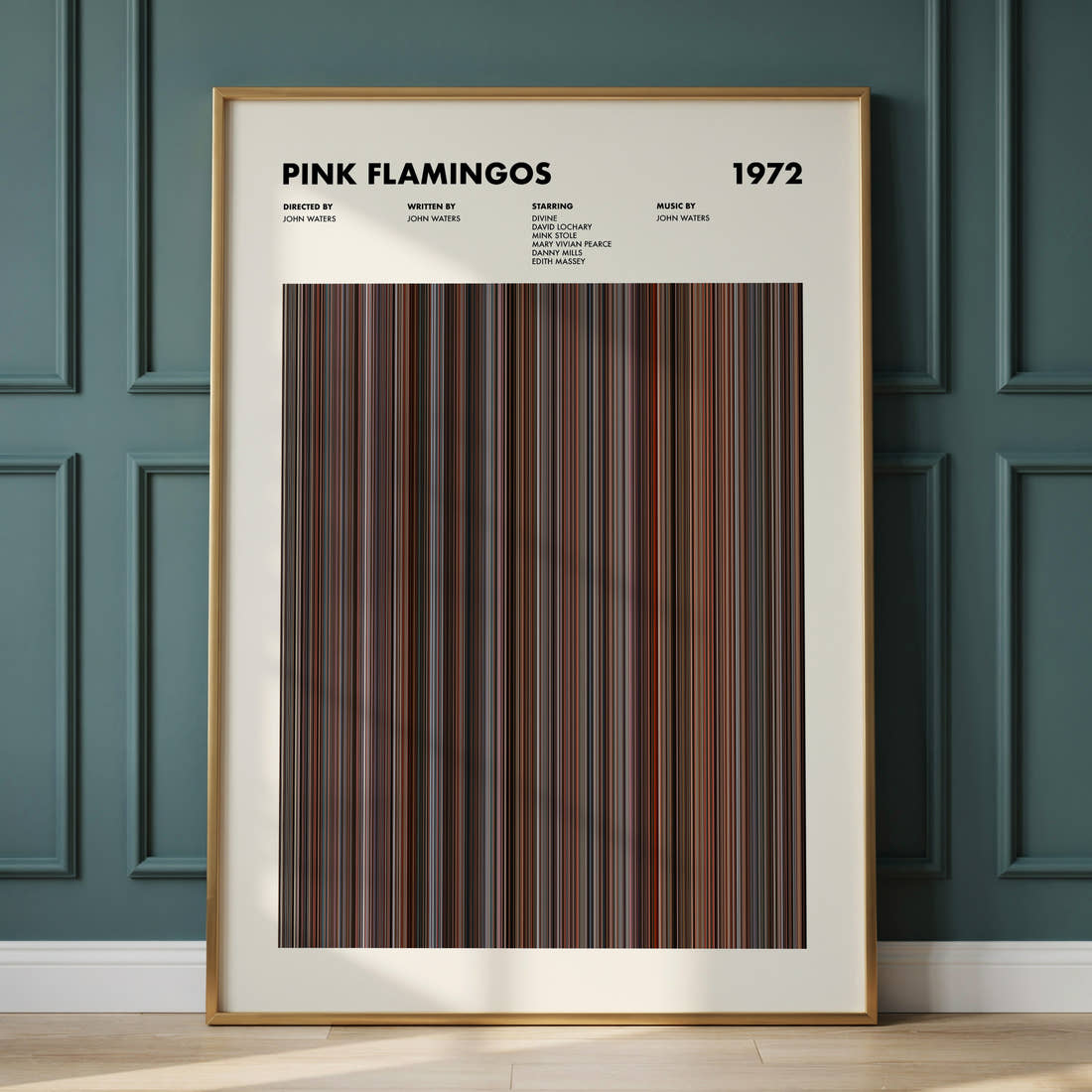 Pink Flamingos Movie Barcode Poster framed and leaning against a panelled wall