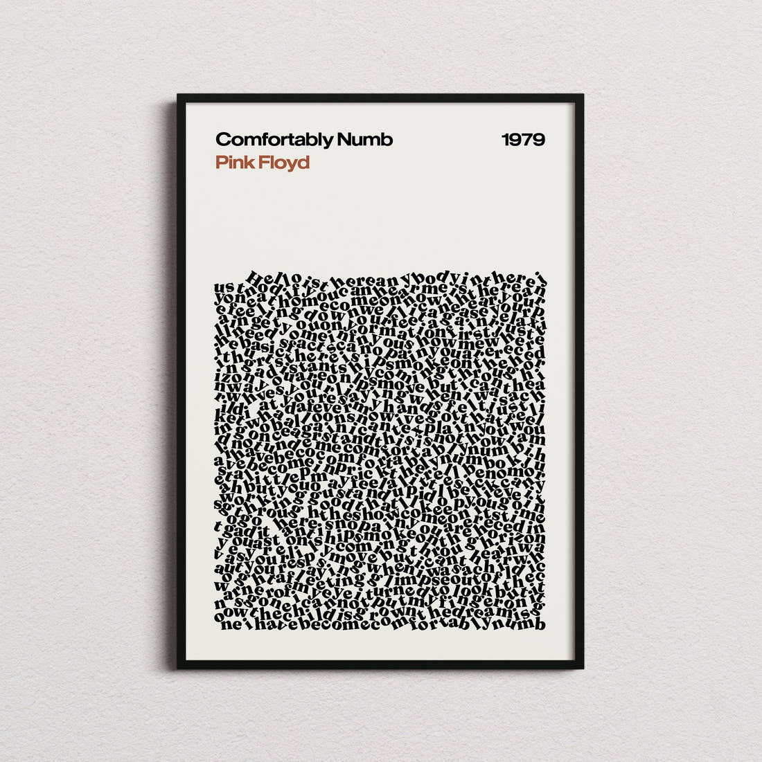 Pink Floyd Comfortably Numb Lyric Print in the cream colourway, framed