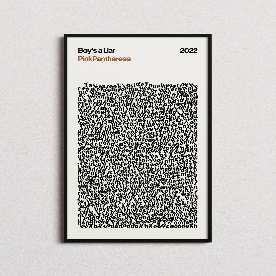 PinkPantheress Boy's a Liar Lyric Print in the cream colourway, framed