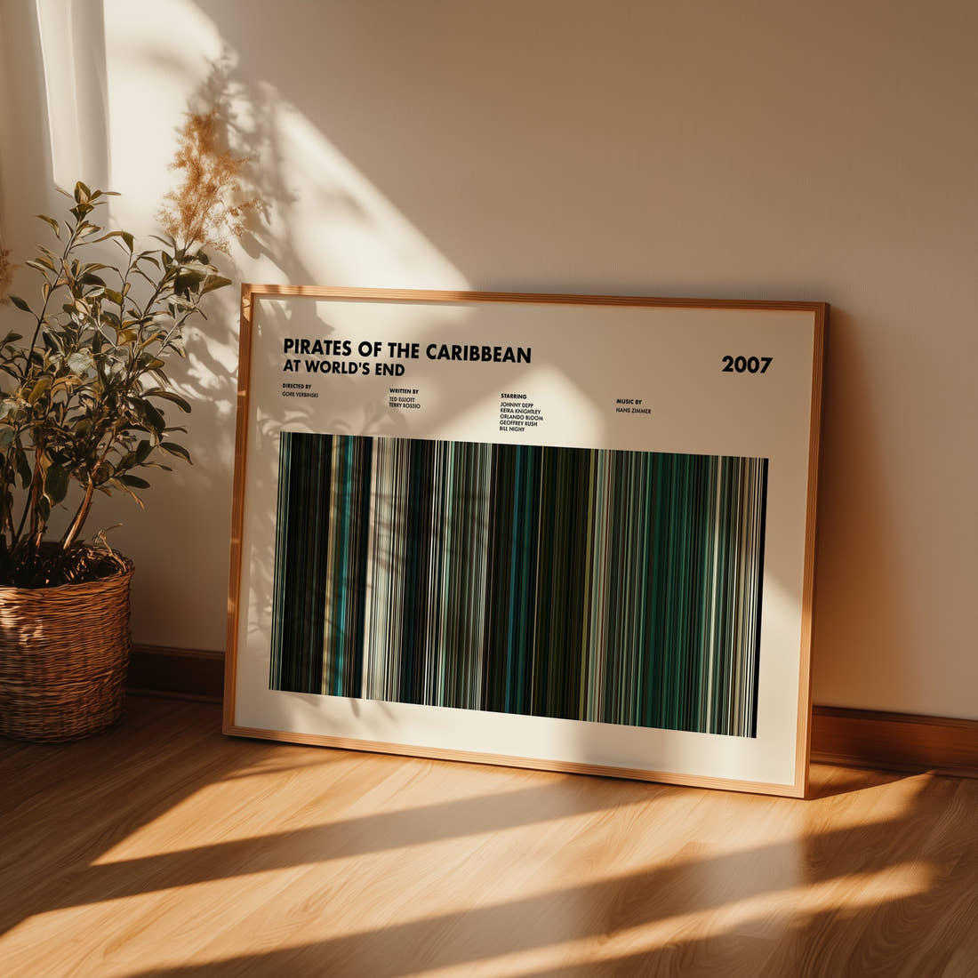 Pirates of the Caribbean: At World's End Movie Barcode Poster framed and leaning against a wall on a wooden floor