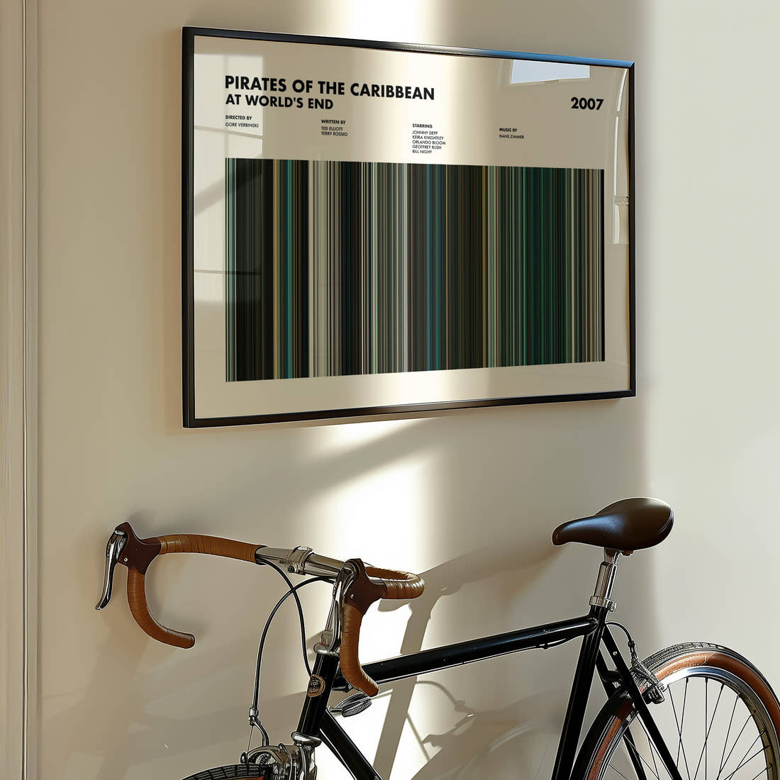 Pirates of the Caribbean: At World's End Movie Barcode Poster framed on the wall of a styled room setting
