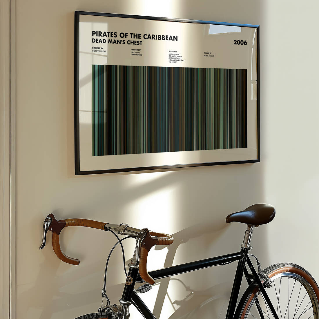 Pirates of the Caribbean: Dead Man's Chest Movie Barcode Poster framed on the wall of a styled room setting
