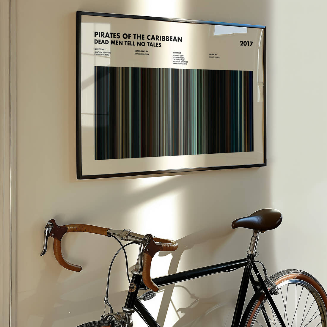 Pirates of the Caribbean: Dead Men Tell No Tales Movie Barcode Poster framed on the wall of a styled room setting