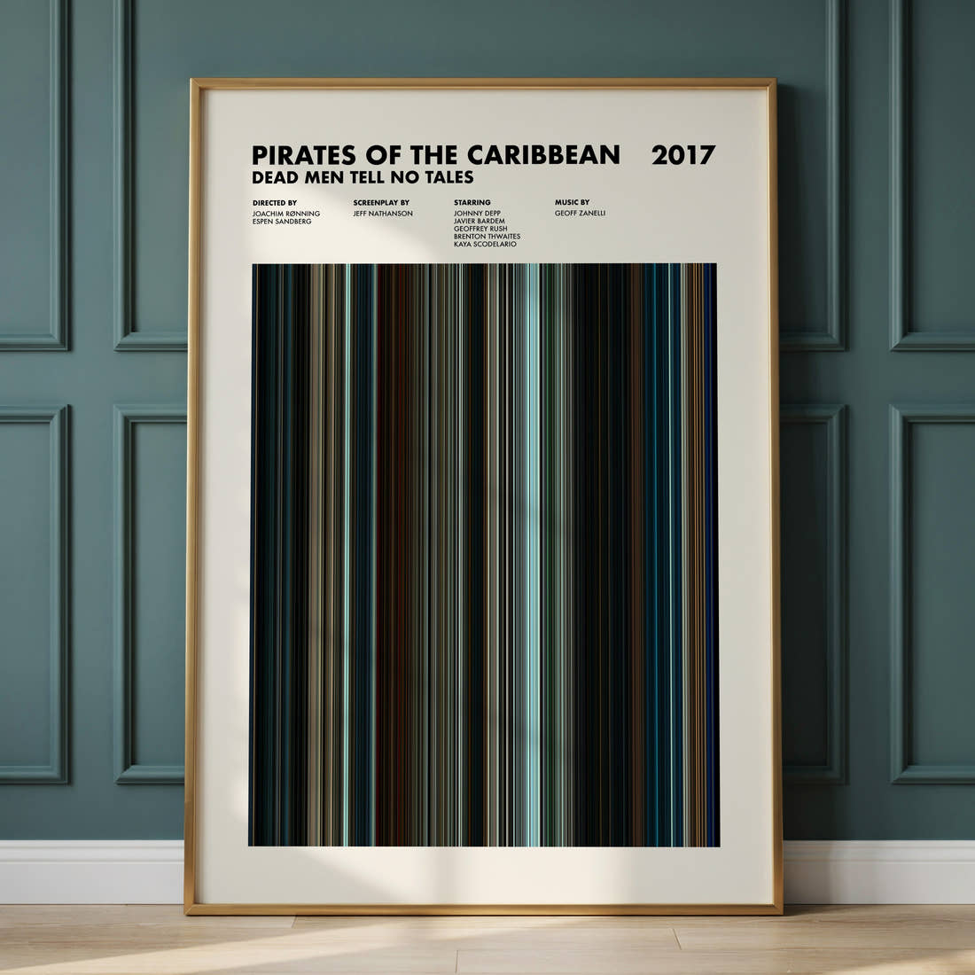 Pirates of the Caribbean: Dead Men Tell No Tales Movie Barcode Poster framed and leaning against a panelled wall