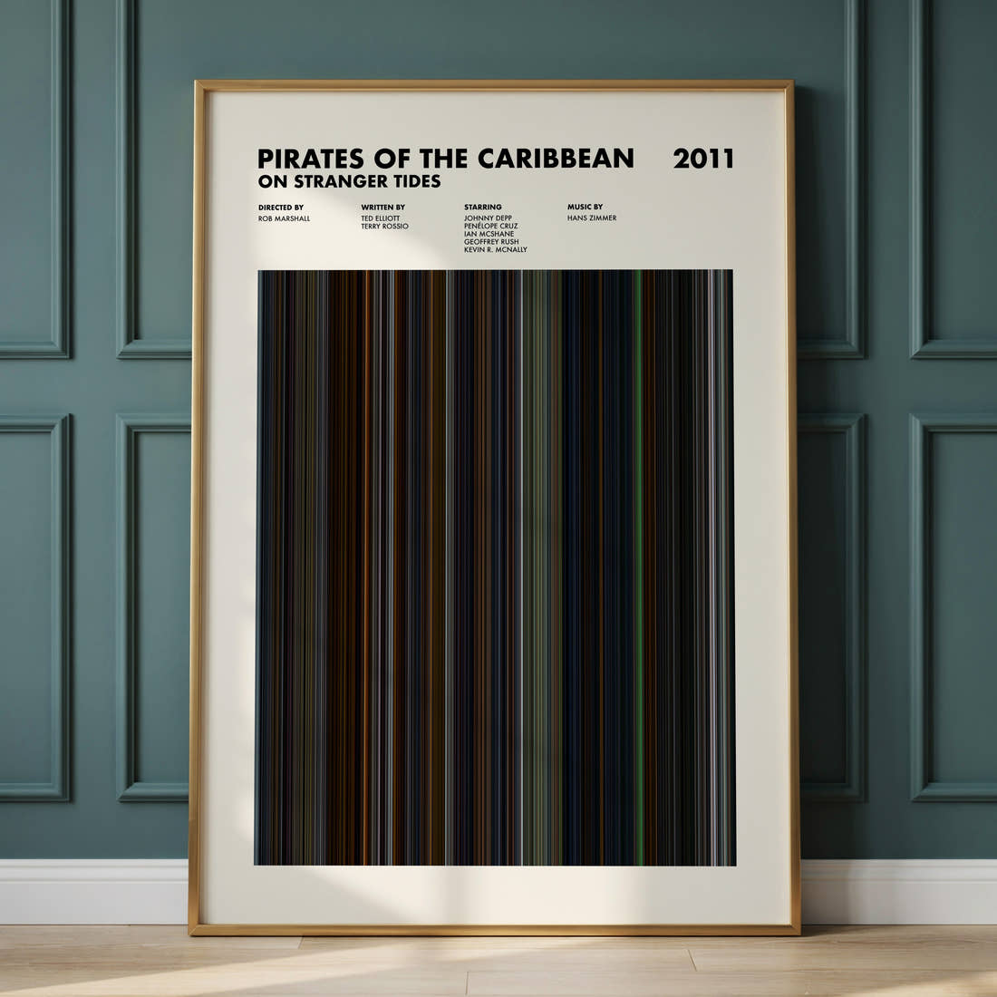 Pirates of the Caribbean: On Stranger Tides Movie Barcode Poster framed and leaning against a panelled wall