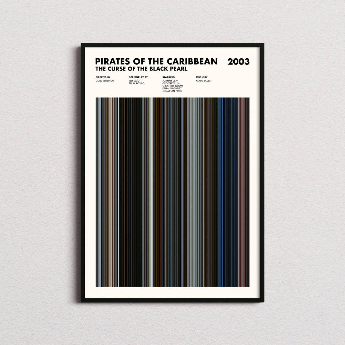 Pirates of the Caribbean: The Curse of the Black Pearl Movie Barcode Poster framed on a plain studio wall