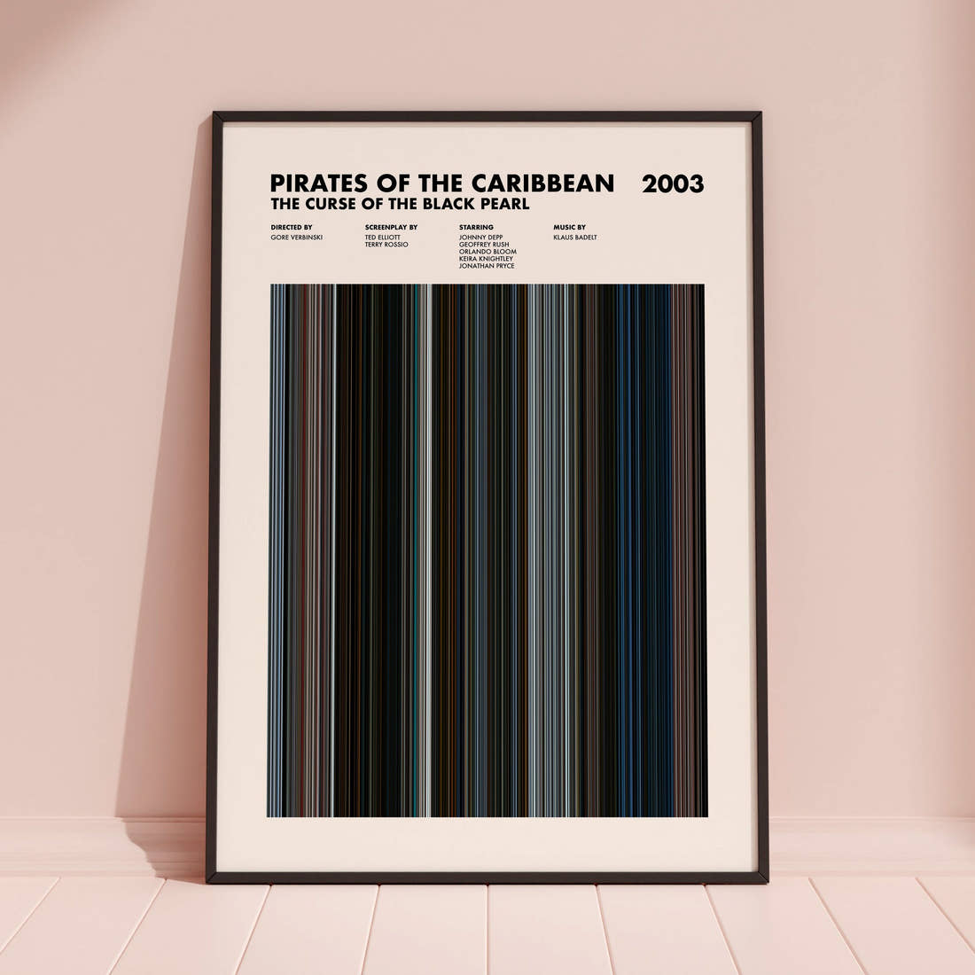 Pirates of the Caribbean: The Curse of the Black Pearl Movie Barcode Poster framed and leaning against a coloured wall